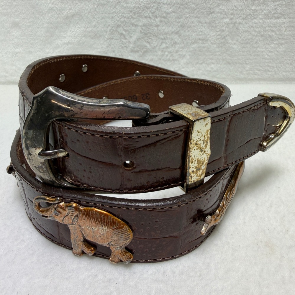 Honest Vintage Brown Croc Embossed Leather Safari Animal Concho Belt 32